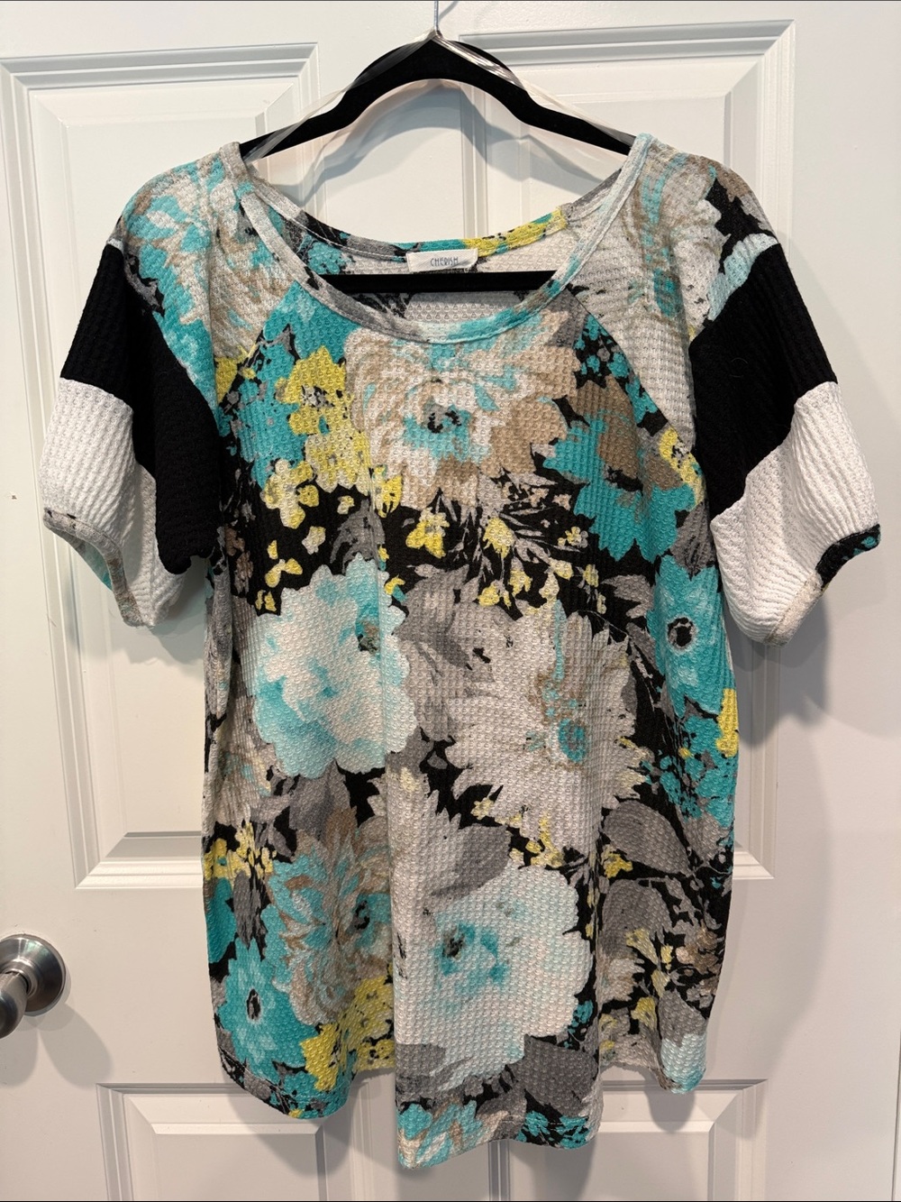 Cherish Turquoise, Black & White Floral Short-Sleeve Tee